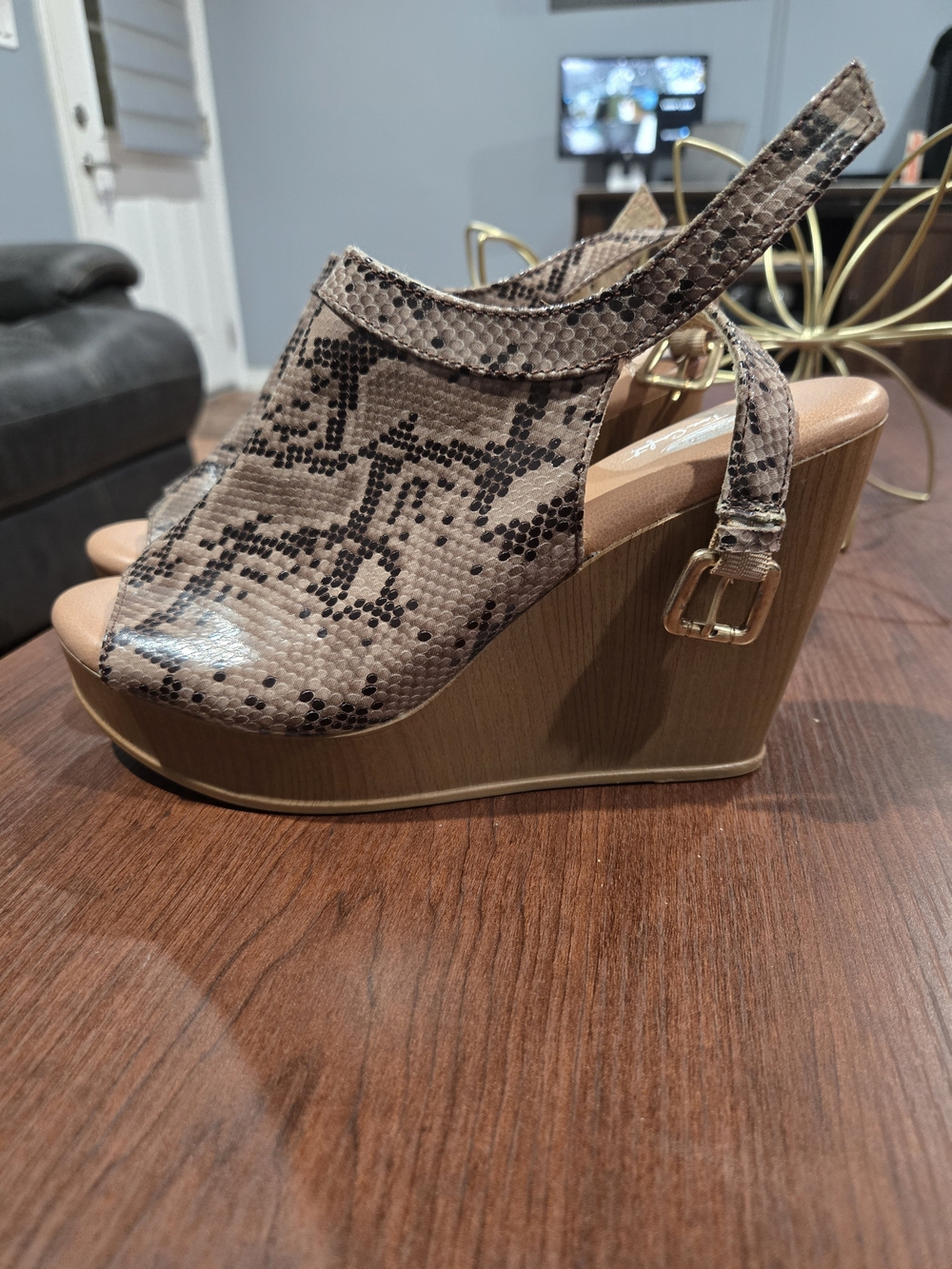 Dr. Scholl's Taupe Snake-Print Wedge Sandals